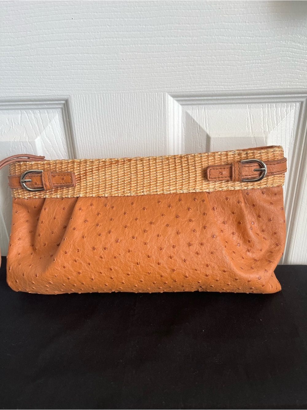 Woven Trim Ostrich-Embossed Leather Clutch - Tan